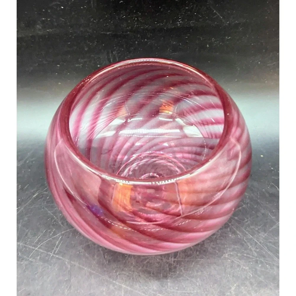 Vintage‎ Hand Blown Art Glass Red Optic Swirl Candy Bonbon Dish Bowl 4.5
